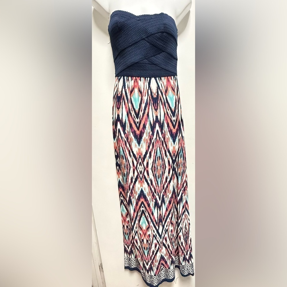 Source Unknown Strapless Dress with Navy and Multicolor Pattern